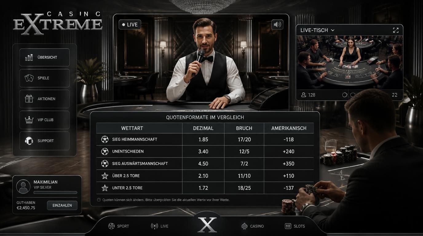 Elegante Darstellung der Quotenformate live im Casino