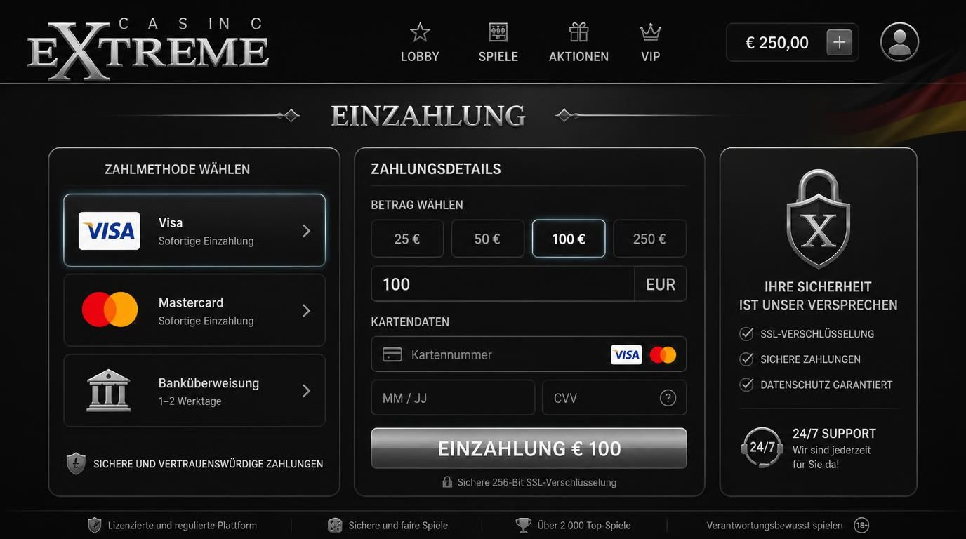 Ein Interface mit Zahlungsmethoden und Schlosssymbol, deutsche Elemente sichtbar