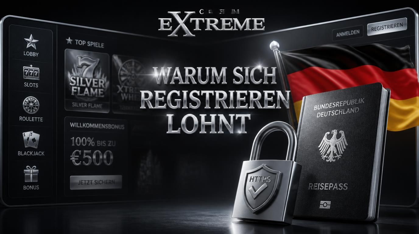 Ein Spieler hält einen deutschen Personalausweis neben einem Bildschirm mit Casino Extreme Login und Schloss-Symbol für HTTPS