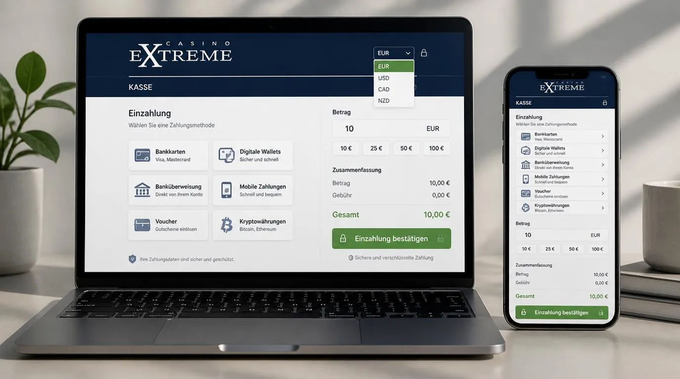 Casino-Kasse auf Smartphone und Laptop mit Euro-Auswahl, Zahlungsoptionen und einer Einzahlung von 10 €