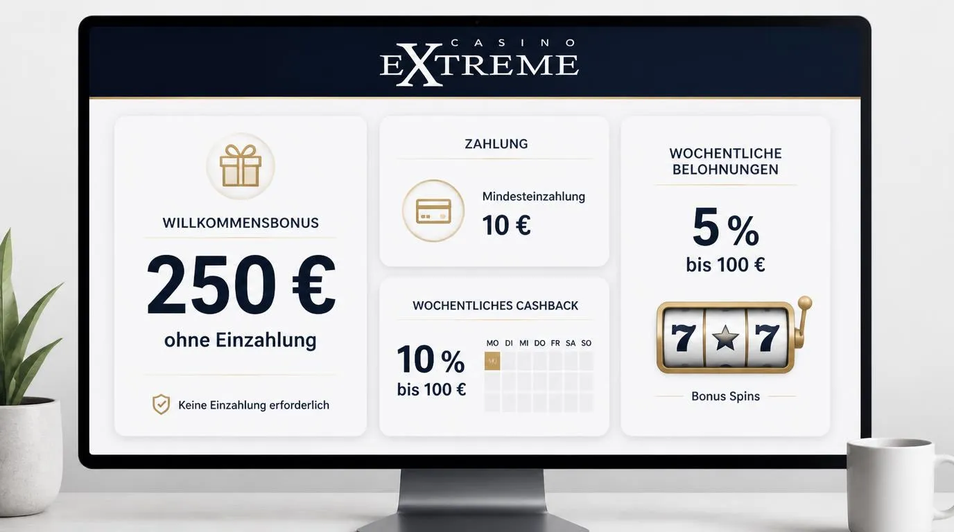 Bonusübersicht mit 250 € ohne Einzahlung, 10 € Mindesteinzahlung und wöchentlichen Cashback-Angeboten