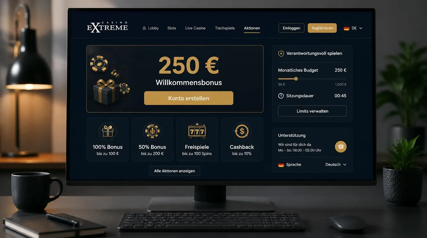 Casino-Oberfläche mit 250-Euro-Willkommensbonus, Bonuskarten und einem Bereich für persönliche Spiellimits
