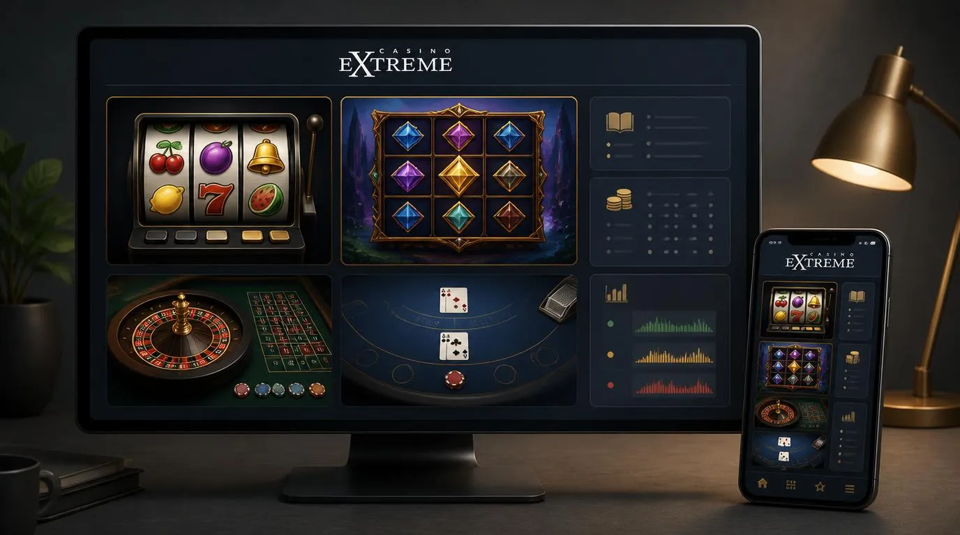 Casino-Lobby mit Slot-Kacheln, digitalem Roulette und Blackjack sowie geöffneten Spielinformationen